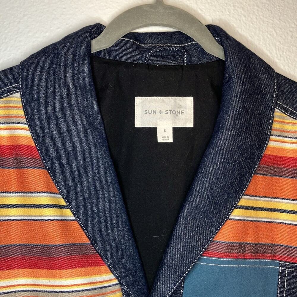 Sun + Stone‎ Southwestern jacket blazer Aztec Tribal Serape Patchwork Denim coat - Picture 2 of 5